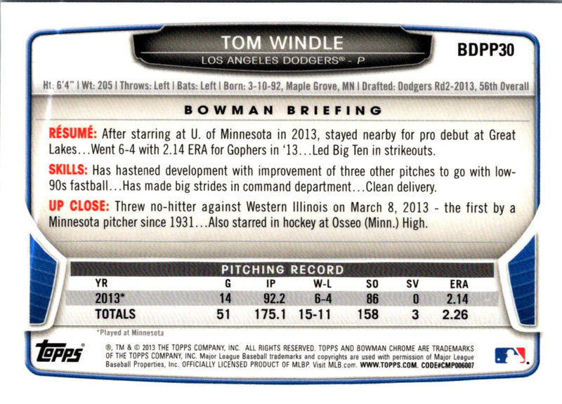 2013 Bowman Draft Picks & Prospects Chrome Tom Windle