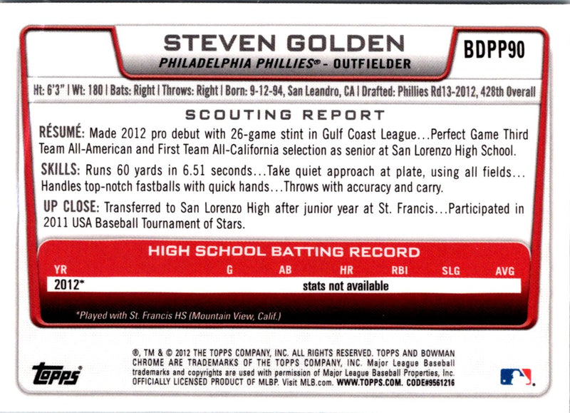 2012 Bowman Draft Picks & Prospects Chrome Steven Golden