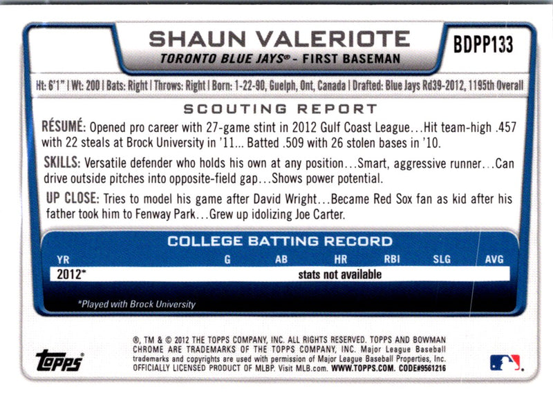 2012 Bowman Draft Picks & Prospects Shaun Valeriote