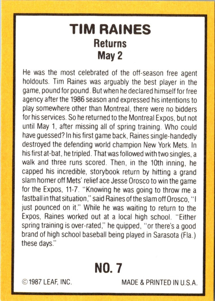 1987 Donruss Highlights Tim Raines
