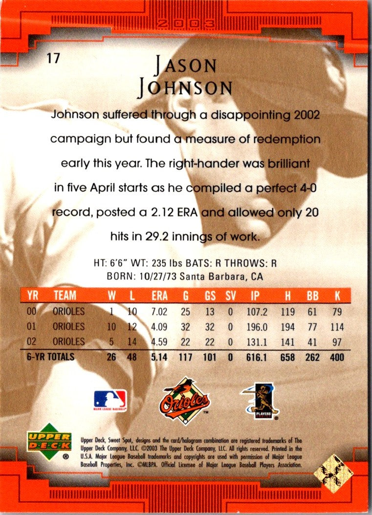 2003 Upper Deck Sweet Spot Jason Johnson