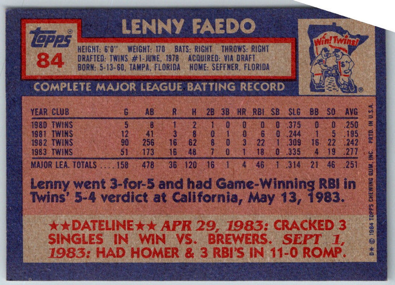 1984 Topps Lenny Faedo