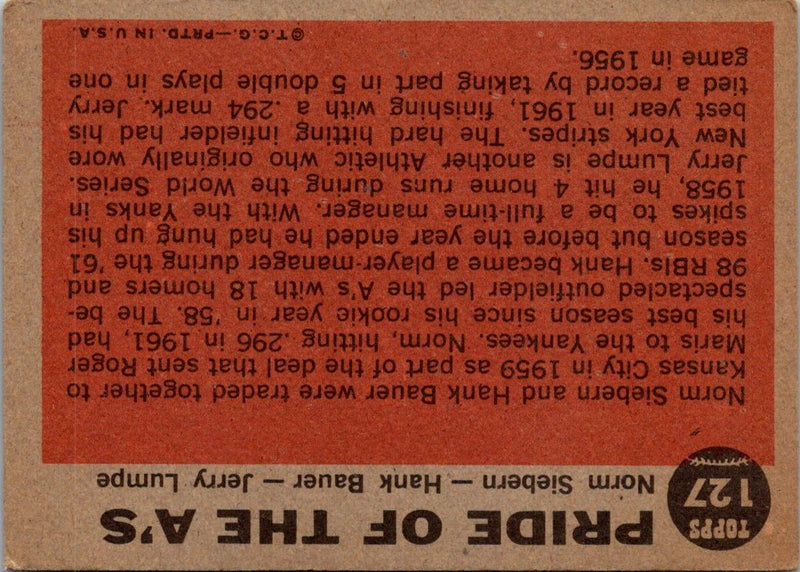 1962 Topps Norm Siebern/Hank Bauer/Jerry Lumpe