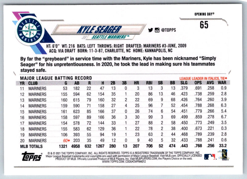 2021 Topps Opening Day Kyle Seager