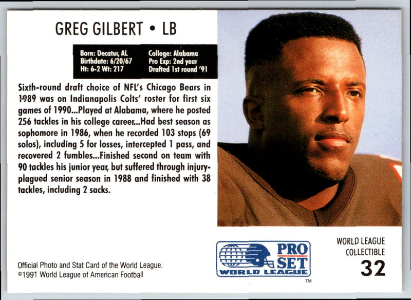 1991 Pro Set WLAF World Bowl Combo Greg Gilbert