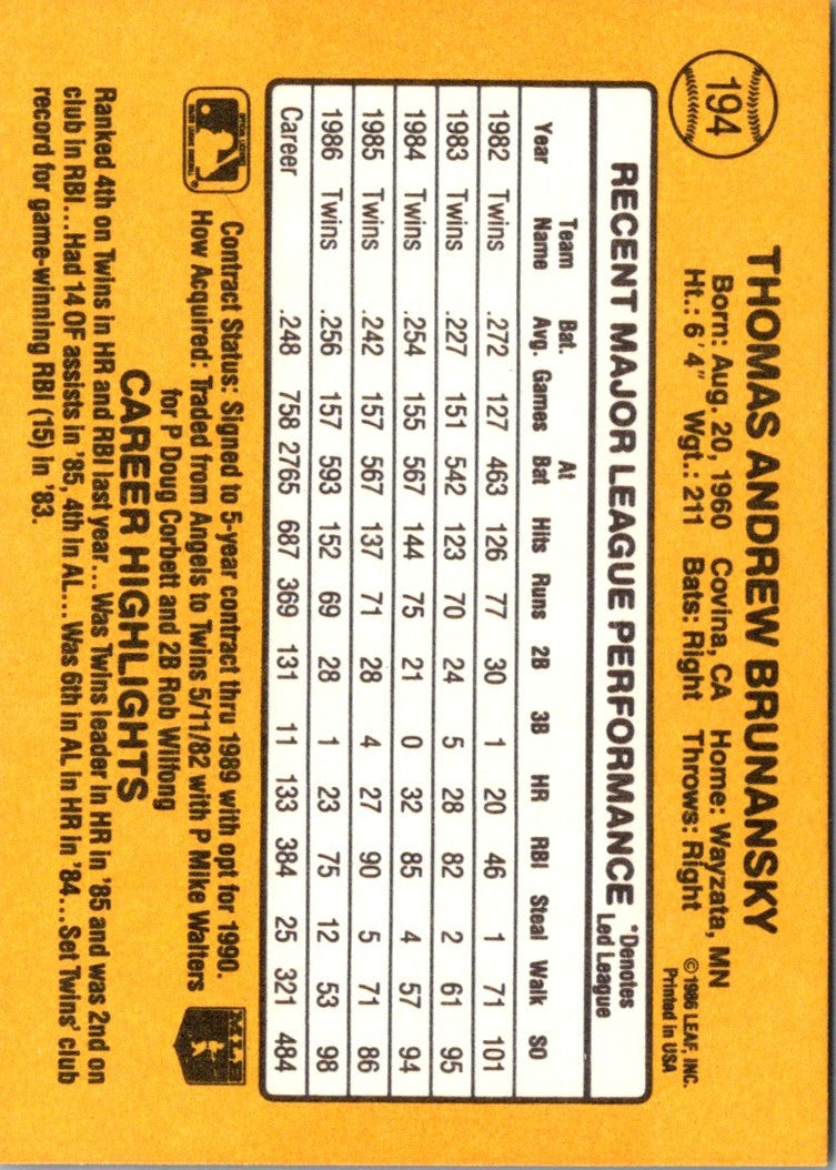 1987 Donruss Tom Brunansky