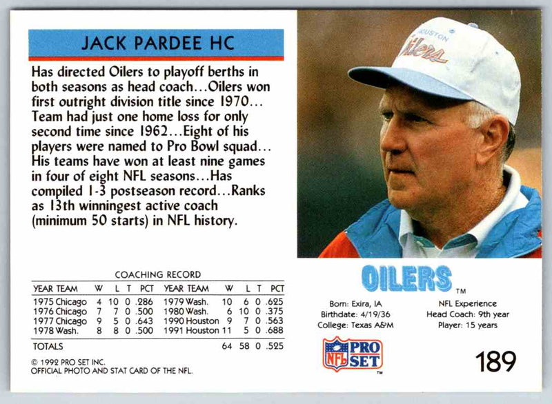 1992 Proset Jack Pardee