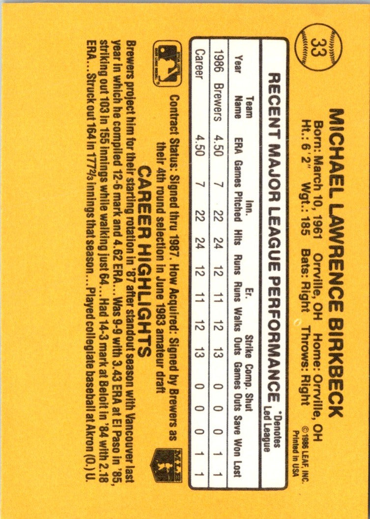 1987 Donruss Mike Birkbeck