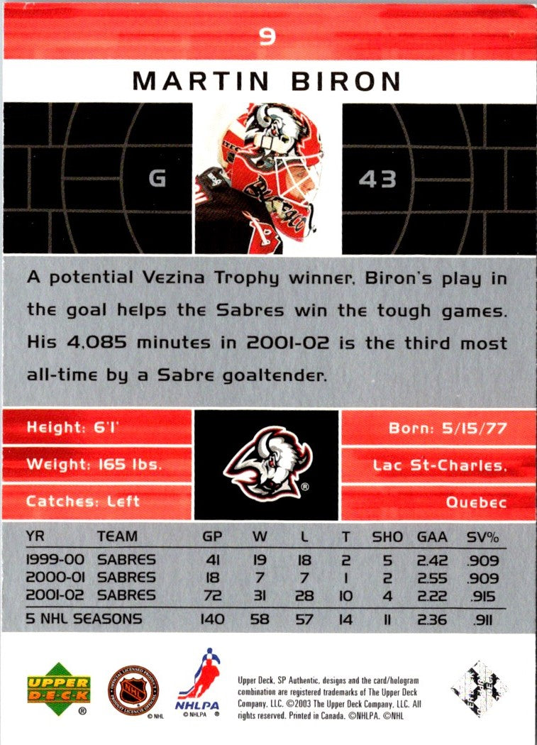 2002 Upper Deck Top Shelf Martin Biron