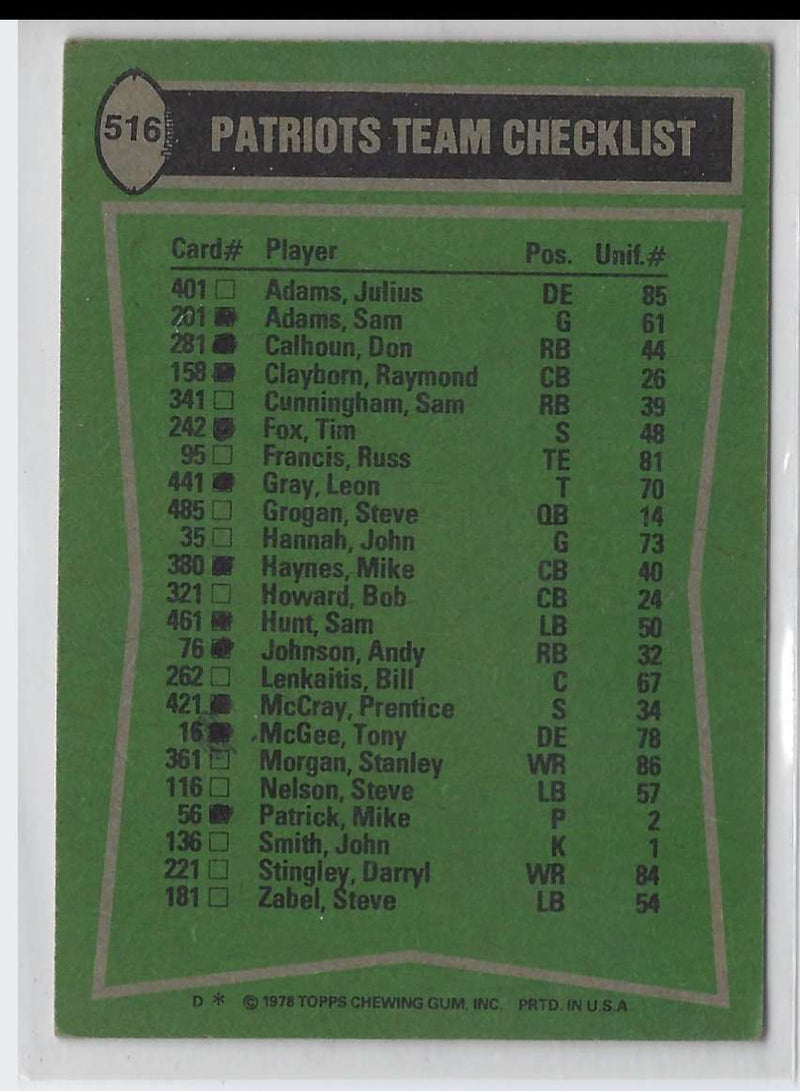 1978 Topps Sam Cunningham/Darryl Stingley/Mike Haynes/Tony McGee