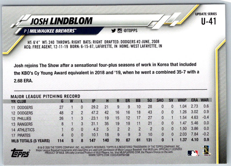 2020 Topps Update Josh Lindblom