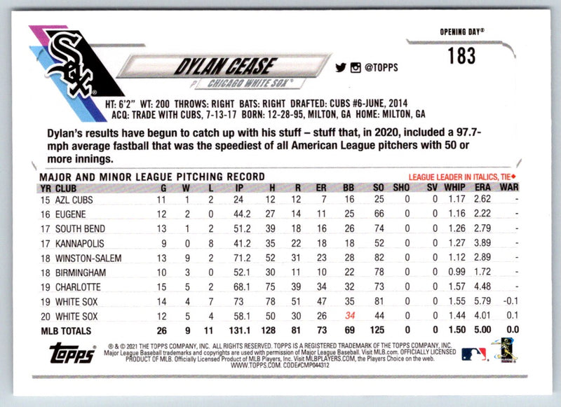 2021 Topps Opening Day Dylan Cease